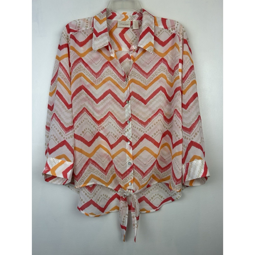 Chicos Blouse Womens 3 XL Button 3/4 Sleeve Tie Waist Chevron Print New Read